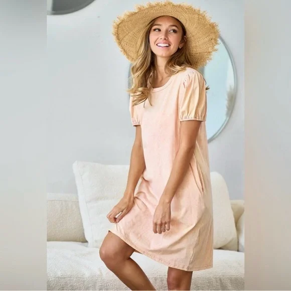 BiBi Pink Puff Sleeve Mineral Wash Dress - Picture 2 of 9